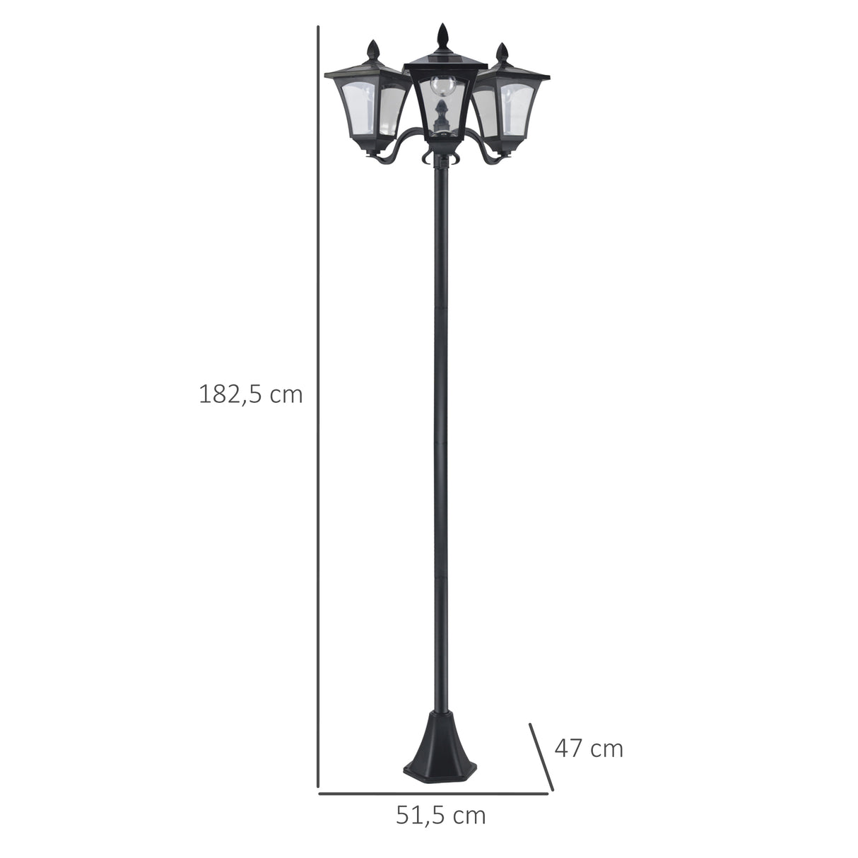 Outsunny Candeeiro Solar de Jardim com 3 Luzes LED Impermeável IP44 Sensor de Noite Candeeiro de Exterior para Terraço Pátio Aço Inoxidável 51,5x47x182,5cm Preto