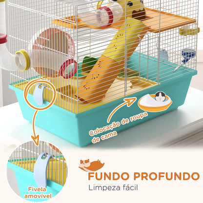 PawHut Gaiola para Hamsters Gaiola para Animais Pequenos com Túnel Plataformas Comedouro Bebedouro Casinha Rampas e Roda de Exercício 45x28x37 cm Azul Claro