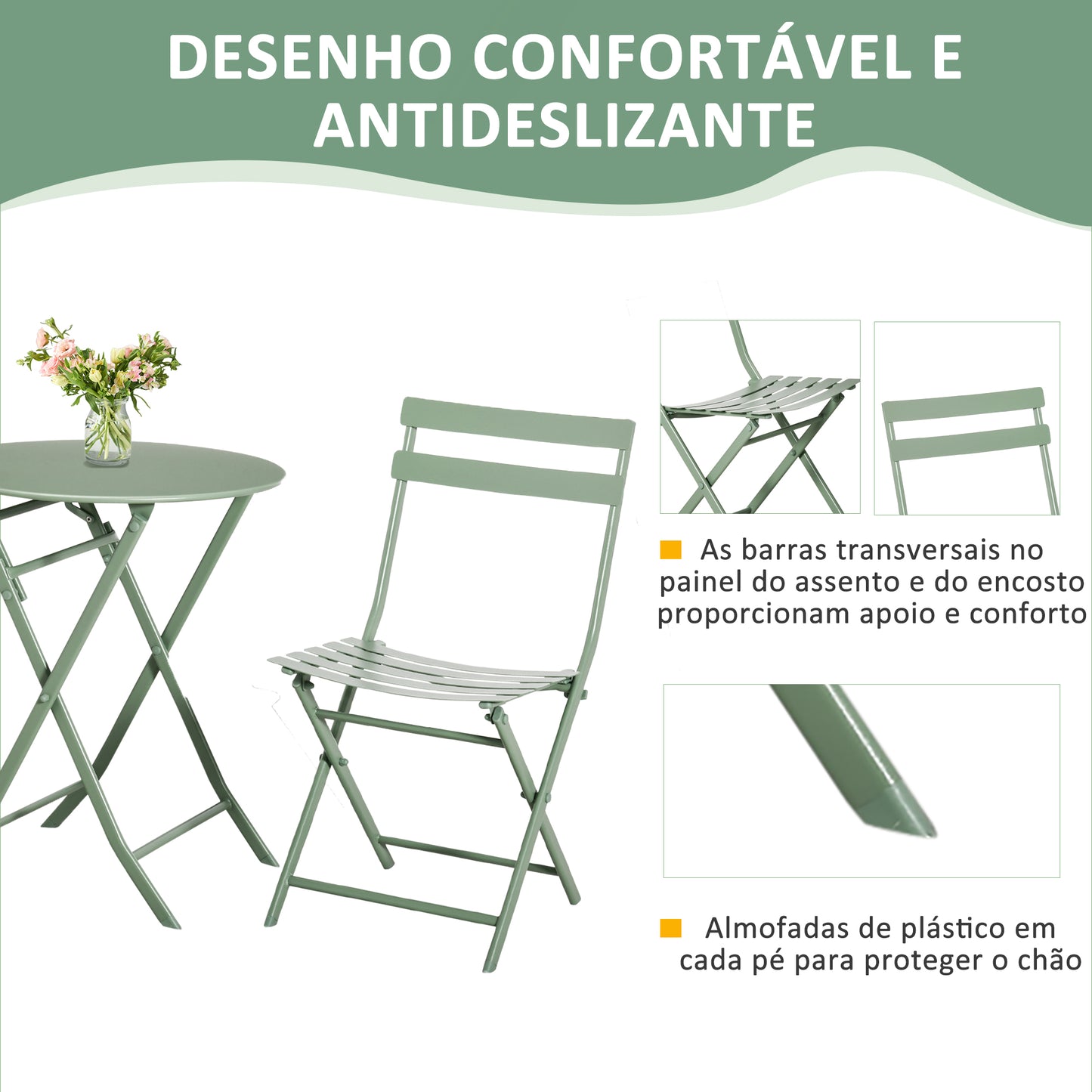 Outsunny Conjunto de Móveis de Jardim Dobráveis Conjunto de 1 Mesa Redonda e 2 Cadeiras de Varanda com Estrutura de Aço para Pátio Verde Escuro