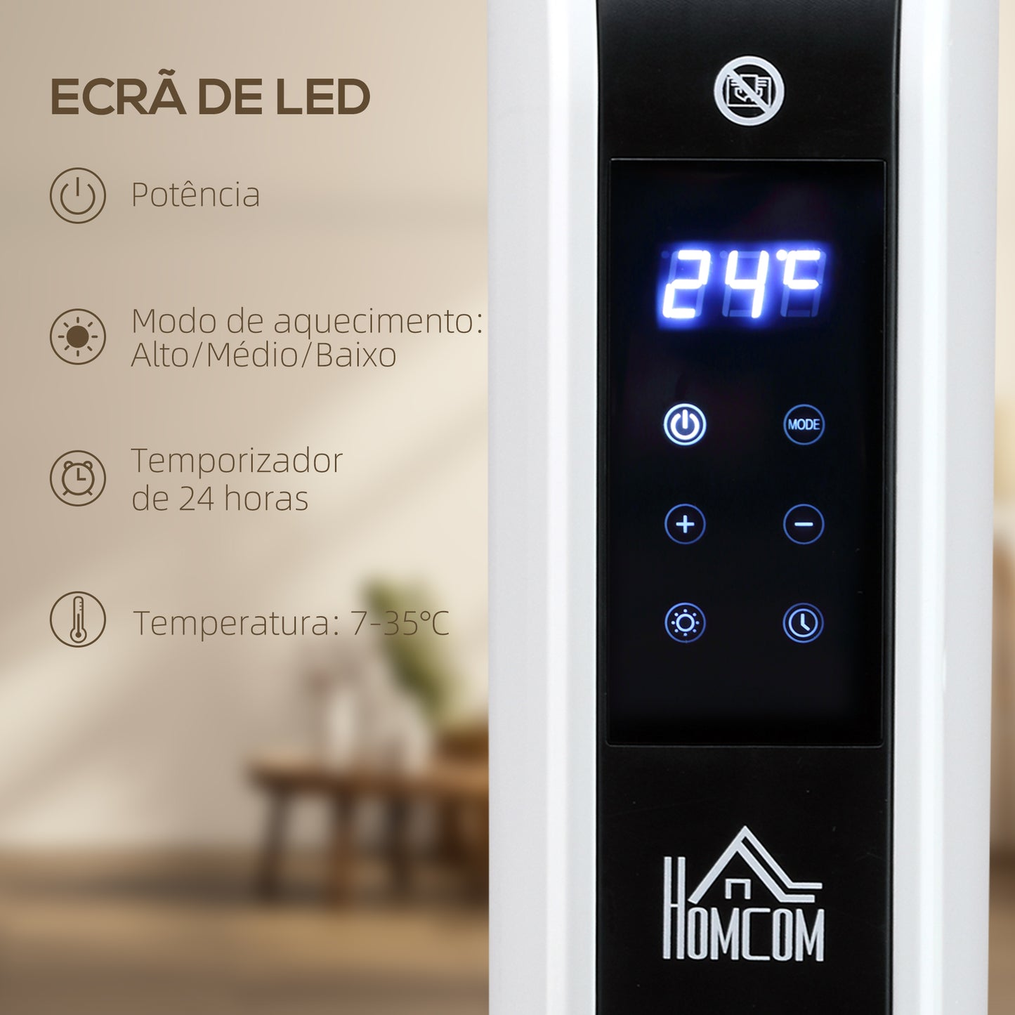 HOMCOM Aquecedor Elétrico 1830-2180W Aquecedor para Casa de Banho com 3 Modos de Aquecimento Ecrã Táctil LED Termóstato Regulável Temporizador e Proteção Contra Sobreaquecimento para 12-18 ㎡ Branco