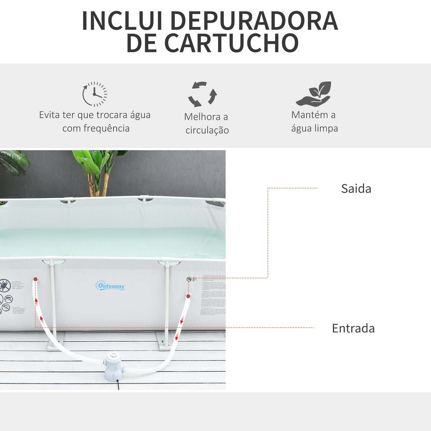 Outsunny Piscina Desmontável Tubular 291x190x75cm com Depuradora de Cartucho Piscina Retangular de Exterior para Adultos e Crianças 3600L Cinza