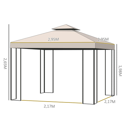 Outsunny Gazebo de jardim Pavilhão de 3 x 3 m com 4 cortinas laterais removíveis com zíper, 8 orifícios de drenagem e telhado duplo bege