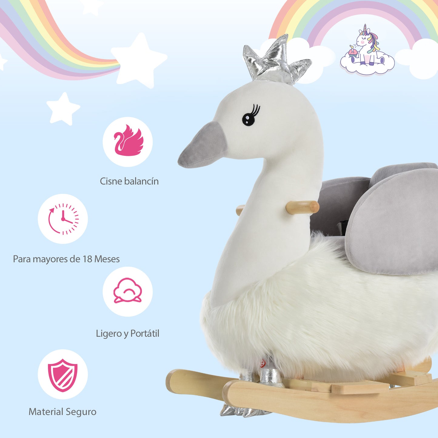 HOMCOM Cavalo de balanço para bebê acima de 18 meses Suave com formato de cisne Sons Apoio para os pés e cinto 60x33x59 cm Branco e cinza