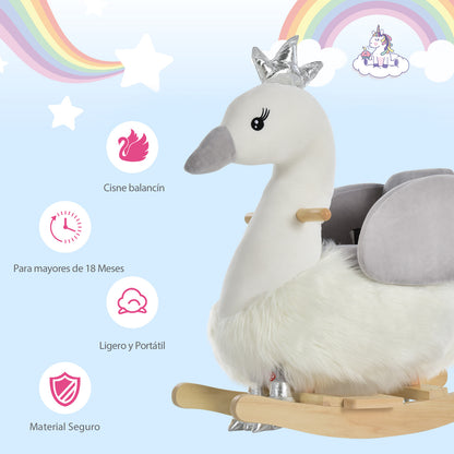 HOMCOM Cavalo de balanço para bebê acima de 18 meses Suave com formato de cisne Sons Apoio para os pés e cinto 60x33x59 cm Branco e cinza