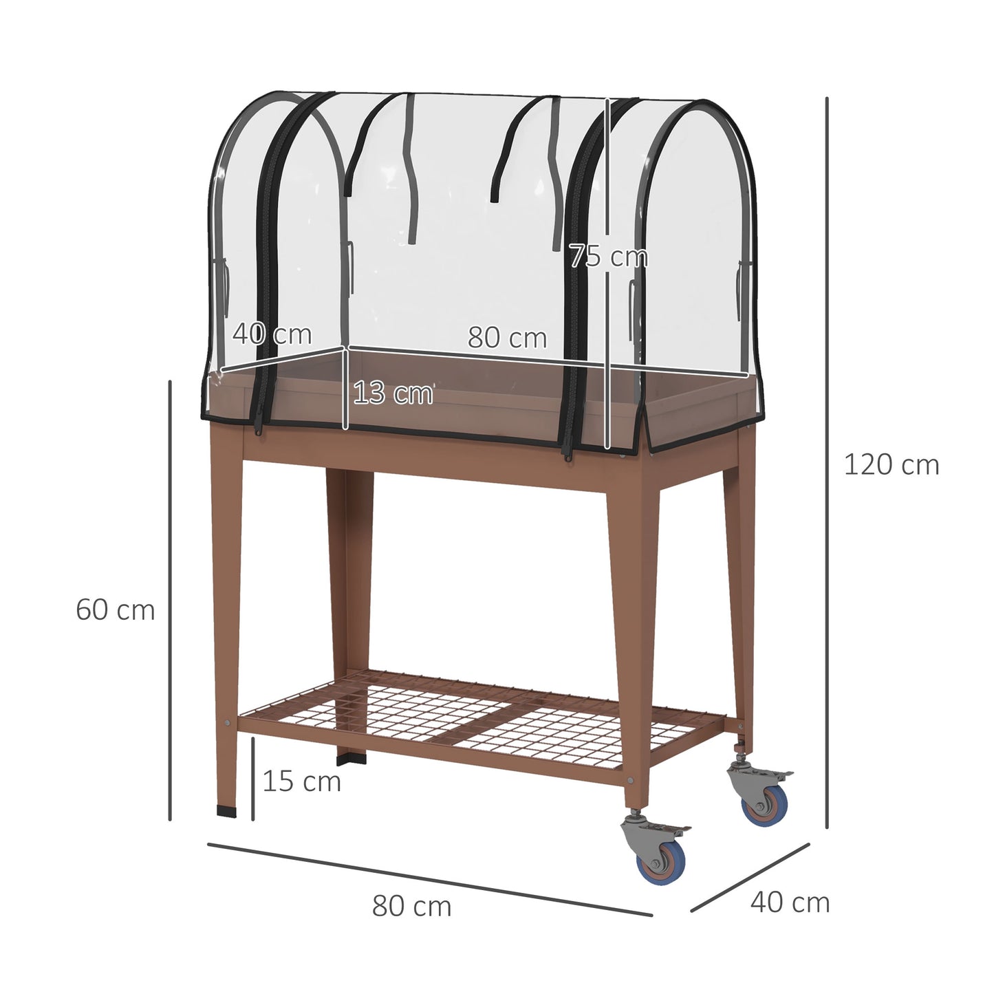 Outsunny Mesa de Cultivo com Rodas 80x40x120 cm Horta Urbana Elevada com Cobertura de Estufa e Prateleira Inferior para Cultivar Plantas Flores e Vegetais Marróm