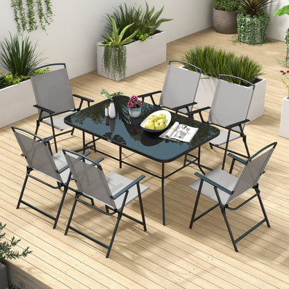 Outsunny Conjunto de Refeição de 7 Peças Conjunto de Jardim com 6 Cadeiras Dobráveis e Mesa com Orifício para Chapéu de Sol para Terraço Exterior Cinza