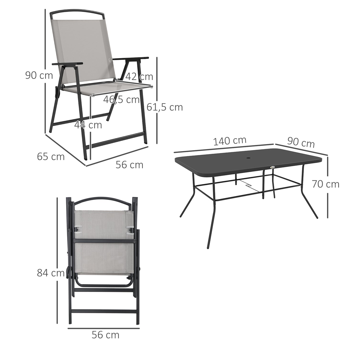 Outsunny Conjunto de Refeição de 7 Peças Conjunto de Jardim com 6 Cadeiras Dobráveis e Mesa com Orifício para Chapéu de Sol para Terraço Exterior Cinza