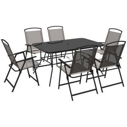 Outsunny Conjunto de Refeição de 7 Peças Conjunto de Jardim com 6 Cadeiras Dobráveis e Mesa com Orifício para Chapéu de Sol para Terraço Exterior Cinza