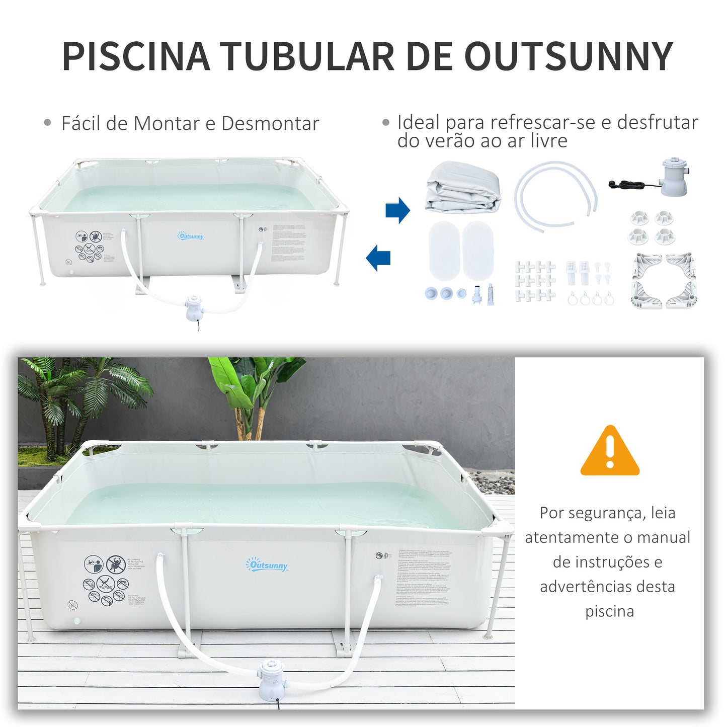 Outsunny Piscina Desmontável Tubular 291x190x75cm com Depuradora de Cartucho Piscina Retangular de Exterior para Adultos e Crianças 3600L Cinza