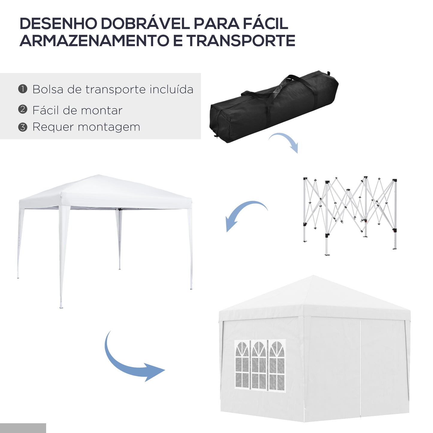 Outsunny Tenda de Jardim com Paredes Laterais Amovíveis Janelas Porta com Zíper e Bolsa de Transporte 295x295x196-258 cm Branco