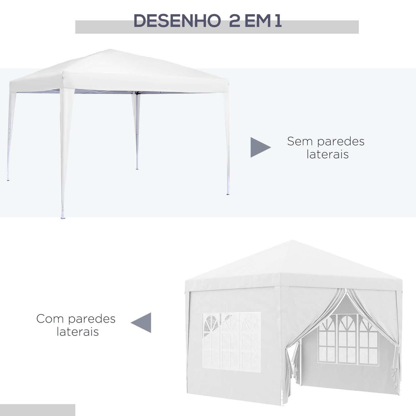 Outsunny Tenda de Jardim com Paredes Laterais Amovíveis Janelas Porta com Zíper e Bolsa de Transporte 295x295x196-258 cm Branco