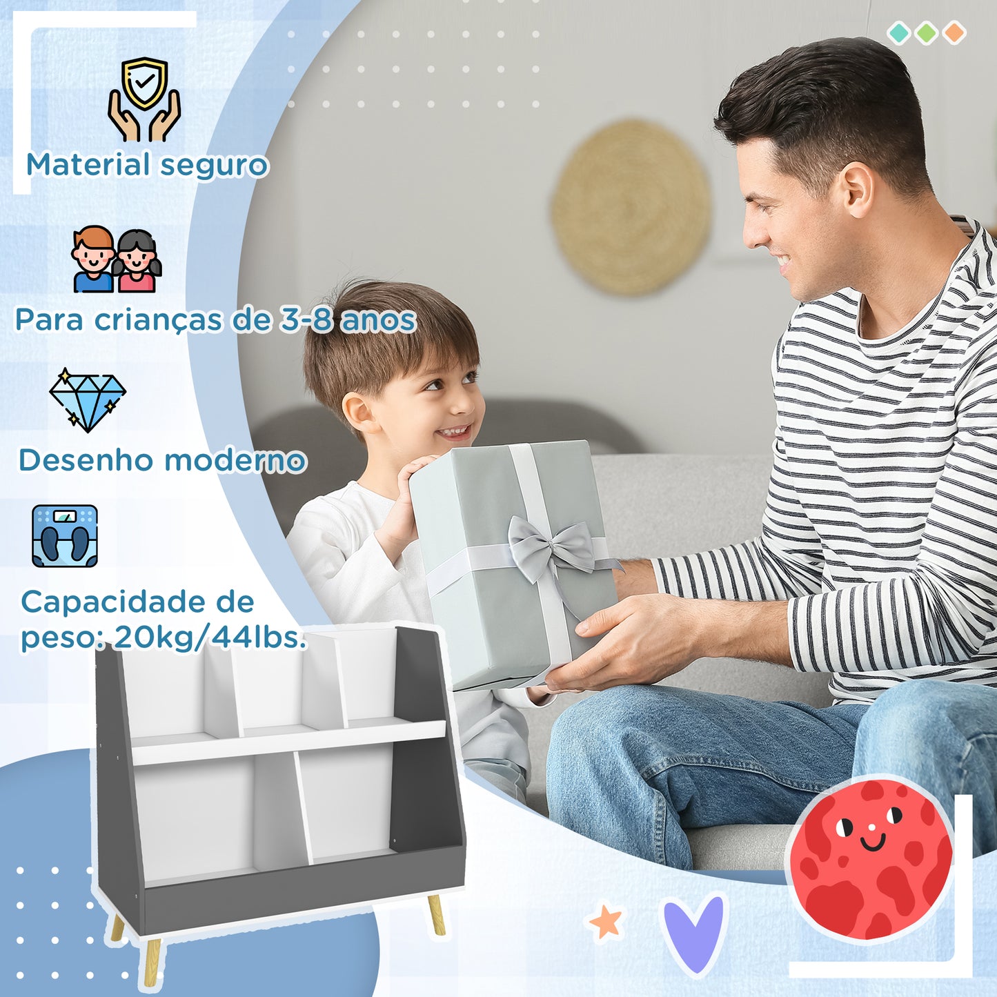 HOMCOM Estante Infantil para Brinquedos Organizador para Crianças de 2 Níveis com 5 Compartimentos e Pés de Madeira de Pinho para Sala de Jogos 80x34x72,5 cm Cinza