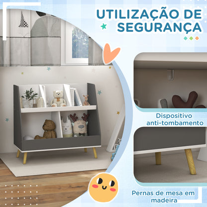 HOMCOM Estante Infantil para Brinquedos Organizador para Crianças de 2 Níveis com 5 Compartimentos e Pés de Madeira de Pinho para Sala de Jogos 80x34x72,5 cm Cinza