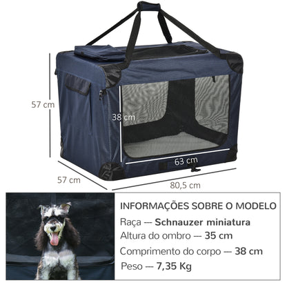 PawHut Transportadora Cães Gato Bolsa de Transporte Portátil e Transpirável para Animais de Estimação Dobrável com Almofada 3 Portas e Janela de Malha 2 Bolsos 80,5x57x57cm Azul Escuro