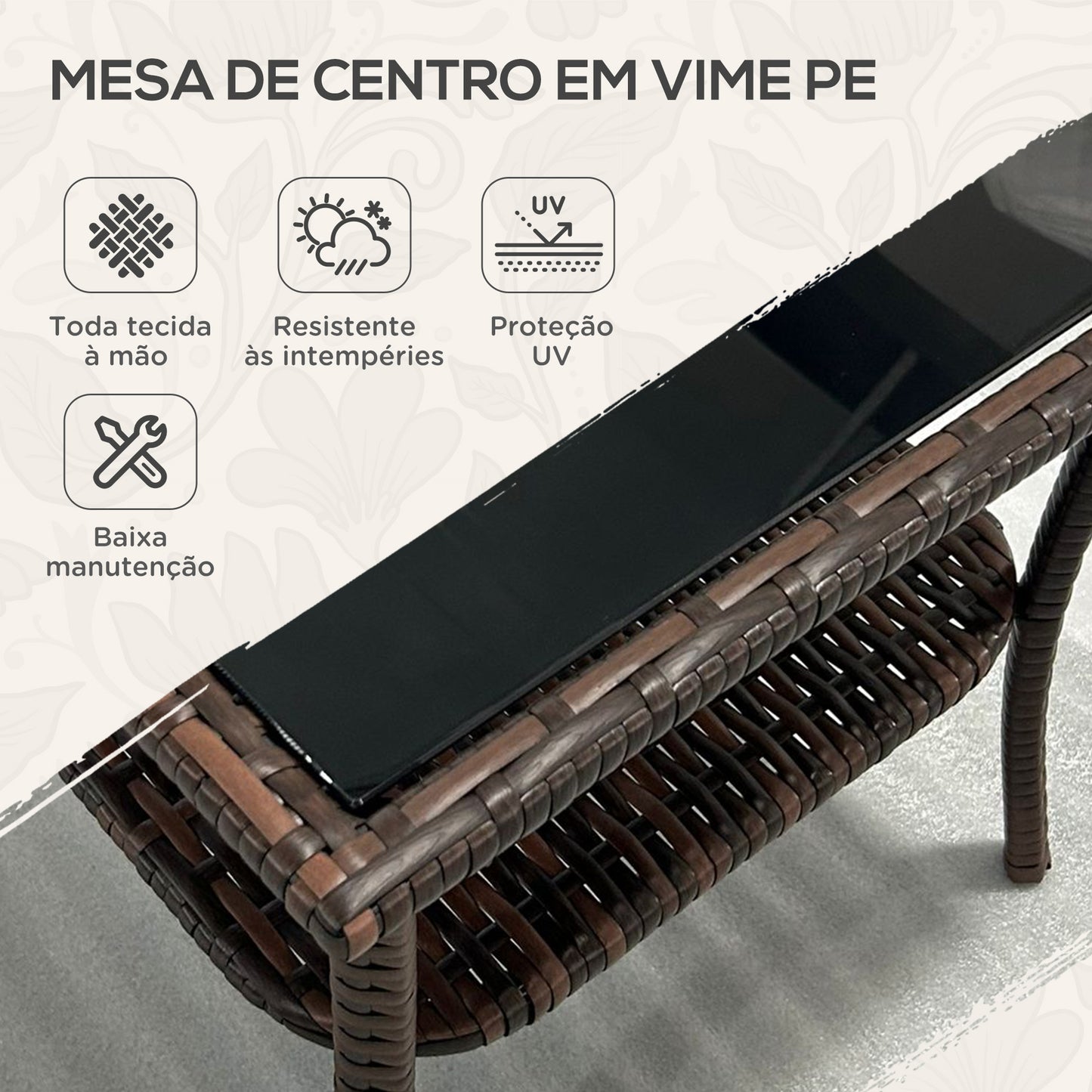 Outsunny Mesa de Vime Quadrada 50x50x45 cm Mesa de Jardim e Prateleira Tampo de Vidro e Estrutura de Aço Suporta 30 kg para Terraço Pátio Castanho