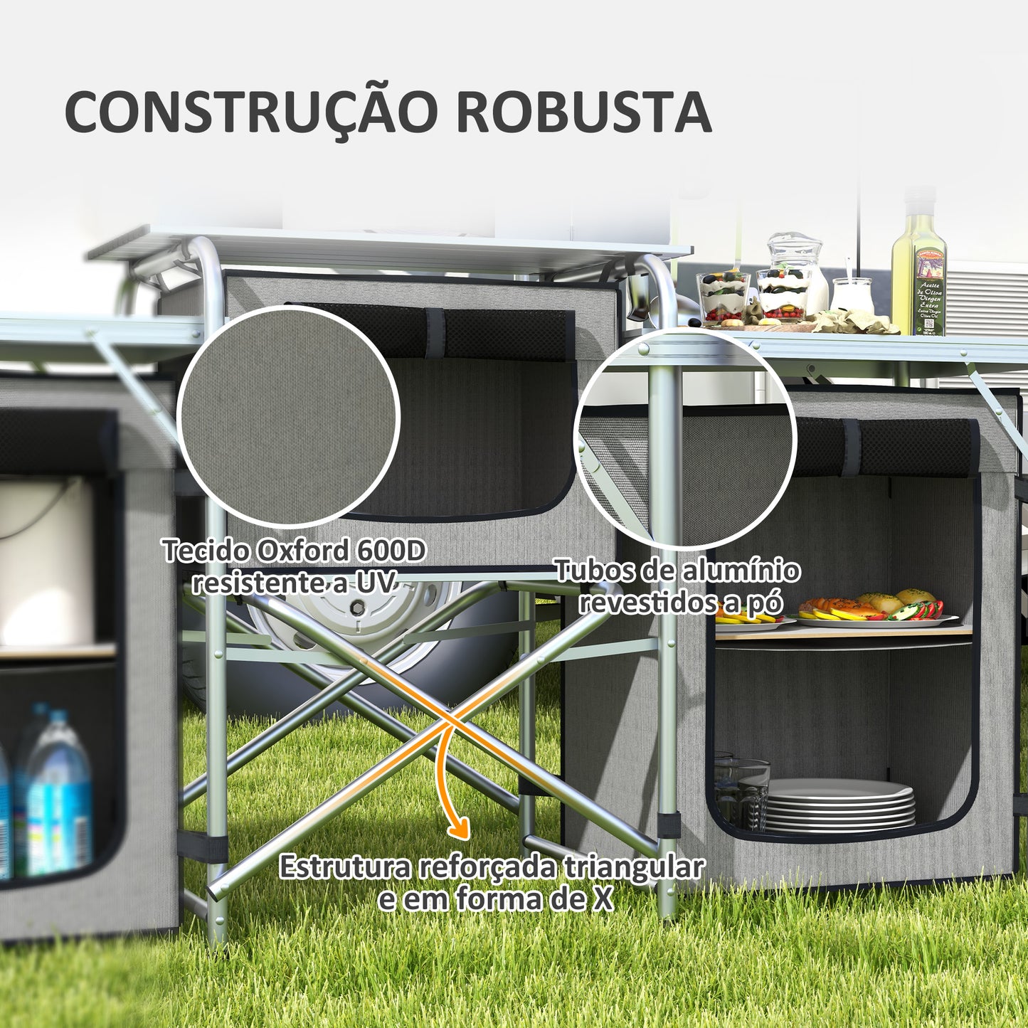 Outsunny Móvel de Cozinha para Campismo Armário para Campismo Dobrável com 3 Tampos 3 Armários Suporte de Luz 4 Ganchos e Bolsa de Transporte para Campismo Piquenique 172x48x119 cm Cinza