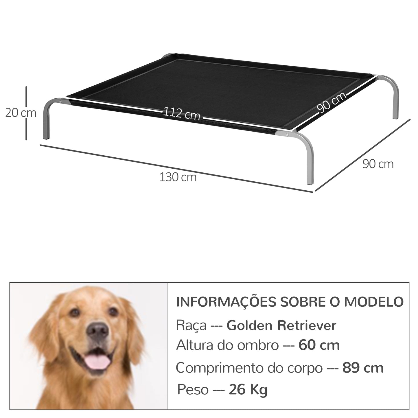 PawHut Cama Elevada para Cães e Gatos Cama Transpirável para Animais de Estimação para Dormir e Relaxar com Estrutura de Aço para Interior e Exterior 130x90x20 cm Preto