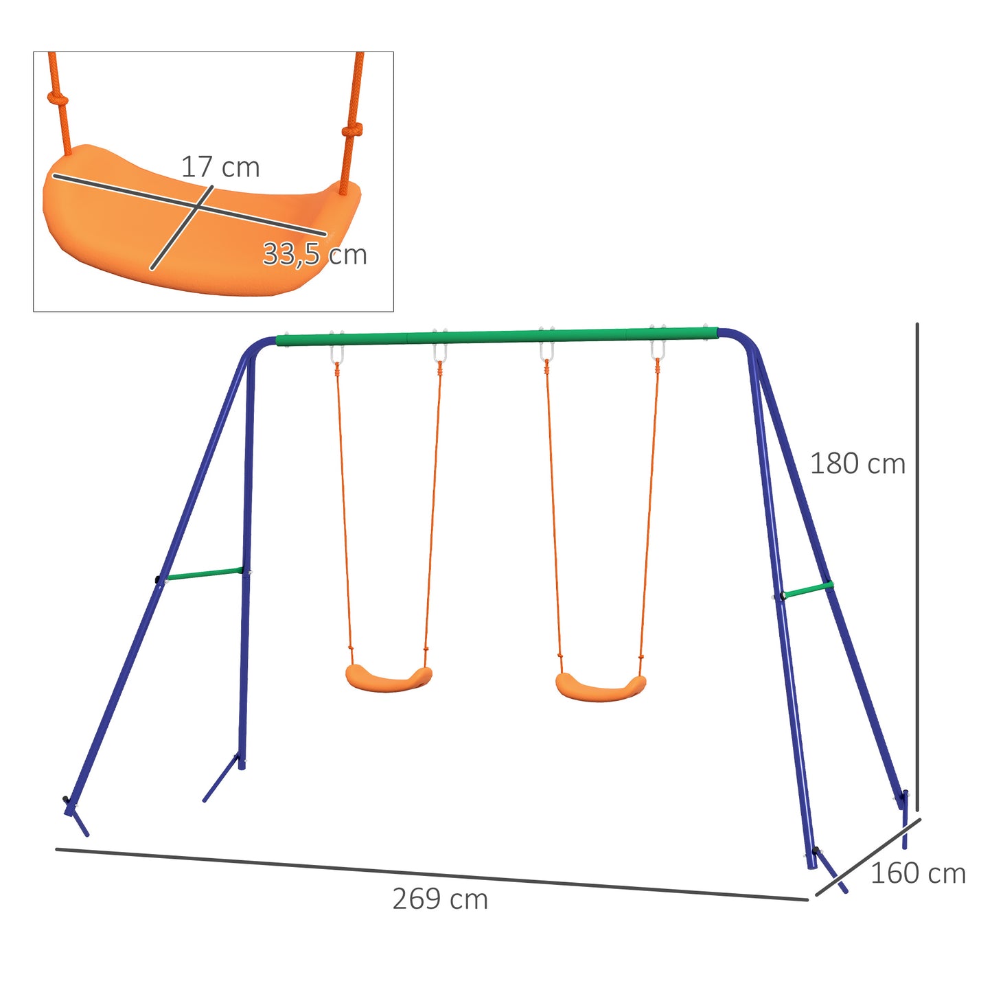 Outsunny Conjunto de Baloiço Infantil Baloiço para Crianças de 3-8 Anos com 2 Assentos Resistente aos Raios UV e Suporte de Metal Carga 90 kg para Pátio Jardim 269x160x180 cm Multicor