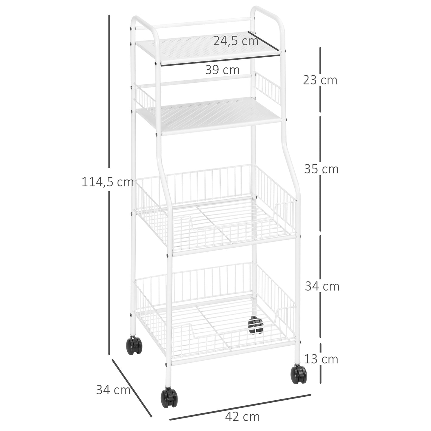 Carrinho de Cozinha com Rodas de Aço Carrinho Auxiliar com 4 Níveis Carrinho de Armazenamento para Casa de Banho Sala de Estar Cozinha 42x34x114,5cm Branco