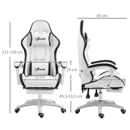 Cadeira Gaming Cadeira Gamer Racing de Couro PU com Altura Ajustável Reclinável 135° Apoio para a Cabeça e Apoio para os Pés Retrátil para Escritório Estúdio 65x65x121-129 cm Branco e Preto