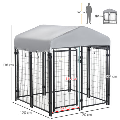 PawHut Parque para Animais de Estimação com Teto 120x120x138cm Canil para Cães com Malha de Metal e Porta com Fechadura para Jardim Pátio Preto e Prata