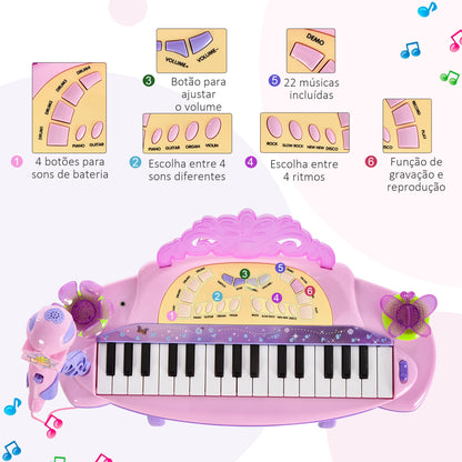 HOMCOM Piano Eléctrico Infantil 32 Teclas Piano Infantil com Microfone Banquinho Luzes Ritmos Sons MP3 Karaoke Modo Aprender Rosa