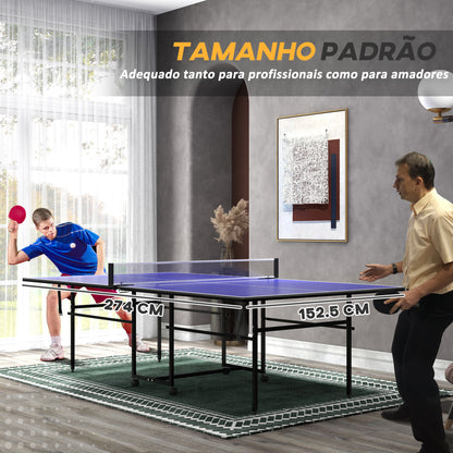 Mesa de Ping Pong Dobrável Mesa de Ping Pong Profissional com 4 Rodas Rede 2 Raquetes e 3 Bolas para Interior e Exterior 274x152,5x75,5 cm Azul