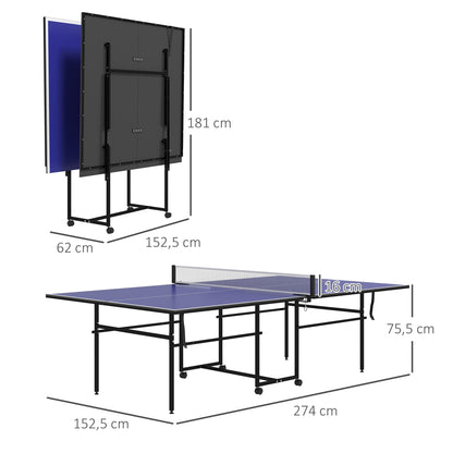 Mesa de Ping Pong Dobrável Mesa de Ping Pong Profissional com 4 Rodas Rede 2 Raquetes e 3 Bolas para Interior e Exterior 274x152,5x75,5 cm Azul