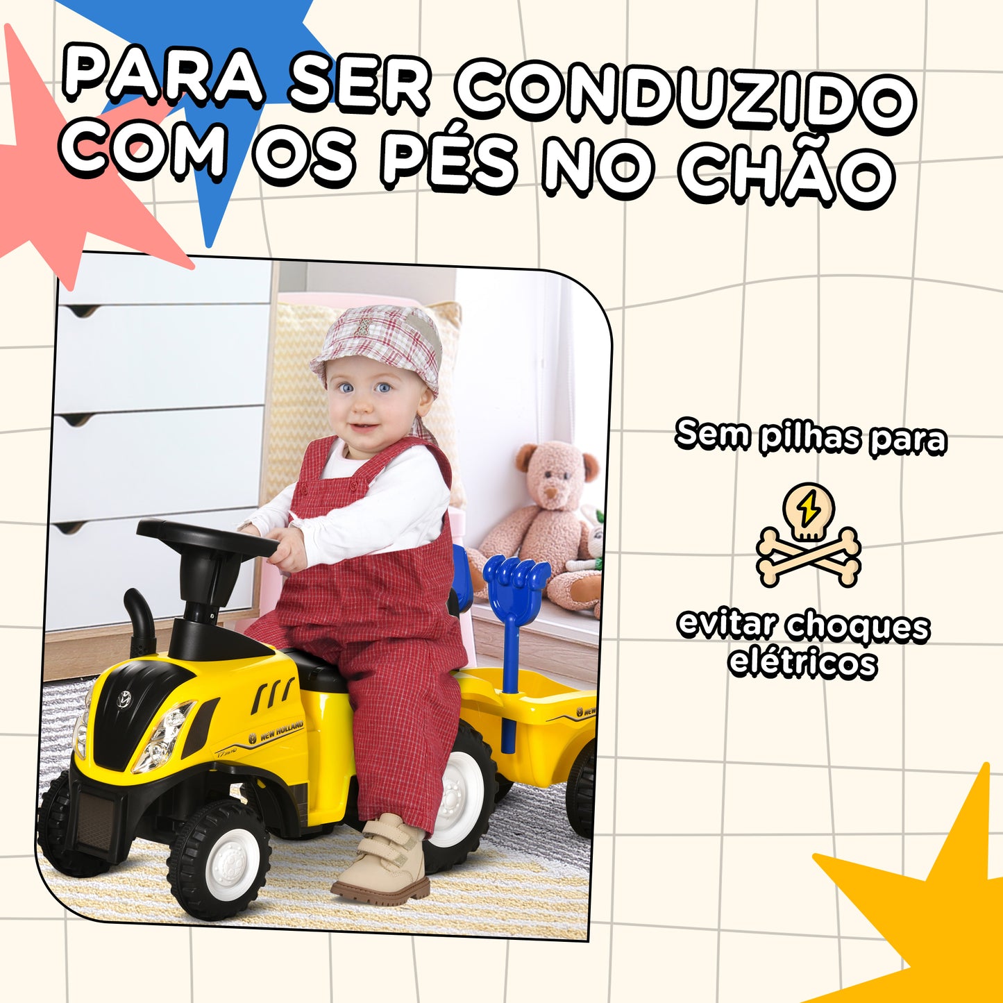 HOMCOM Trator para Crianças de 12-36 Meses com Reboque Removível Carro Andador com Buzina Farol Pá e Ancinho Carga 25kg 91x29x44cm Amarelo