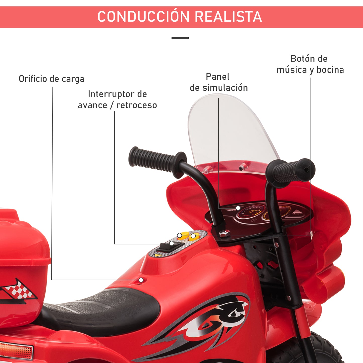 HOMCOM Mota Elétrica para Crianças de 18-36 Meses Motocicleta Infantil com 3 Rodas e Bateria 6V com Música Buzina Farol Baú 80x35x54cm Vermelho