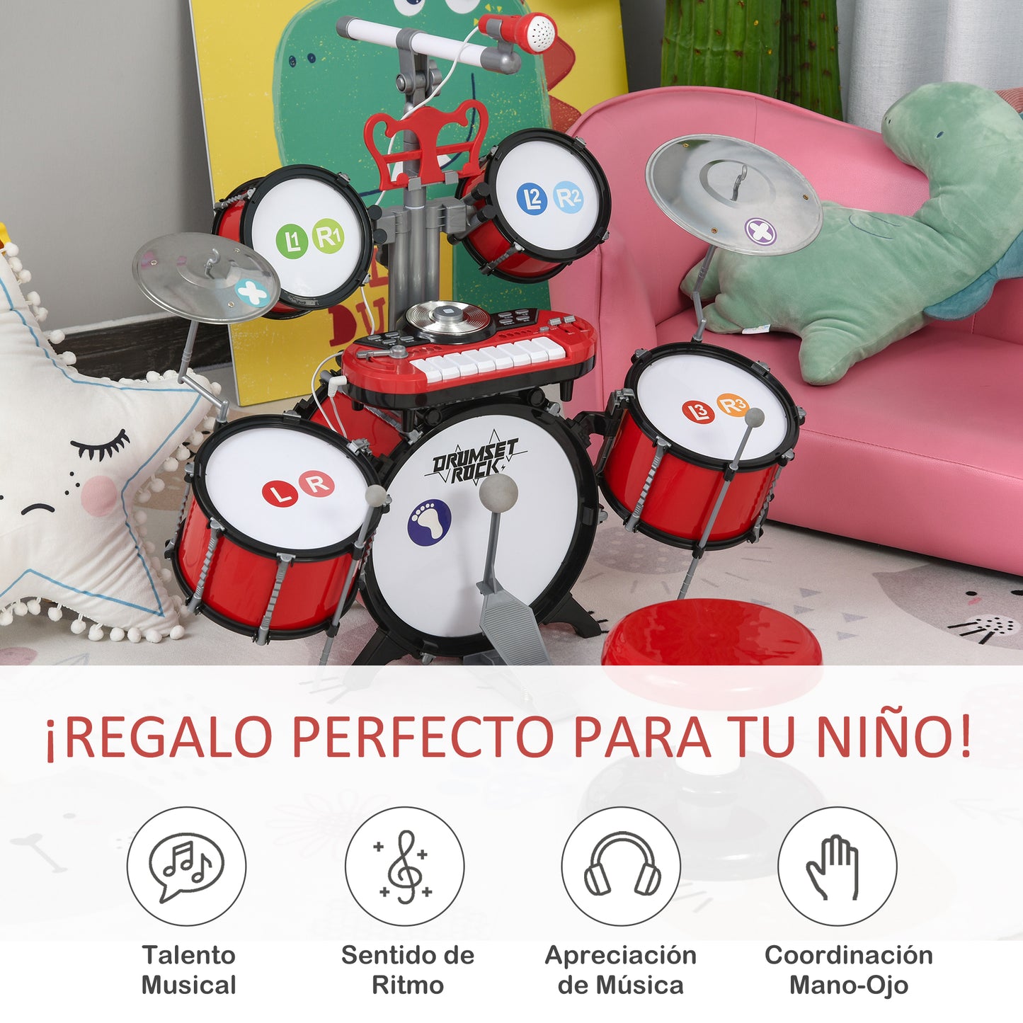 Kit de bateria infantil para crianças acima de 3 anos com tamborete microfone Pratos teclado e vários efeitos de DJ 77,5x40x76,5 cm Vermelho