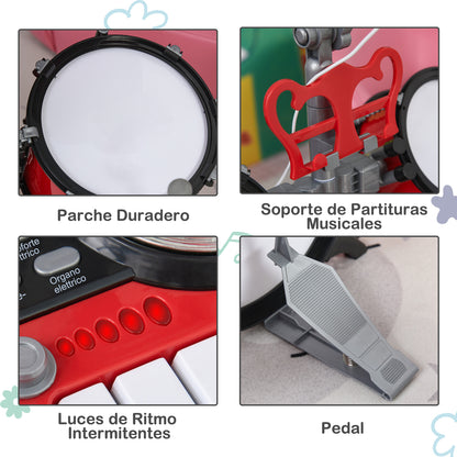 Kit de bateria infantil para crianças acima de 3 anos com tamborete microfone Pratos teclado e vários efeitos de DJ 77,5x40x76,5 cm Vermelho