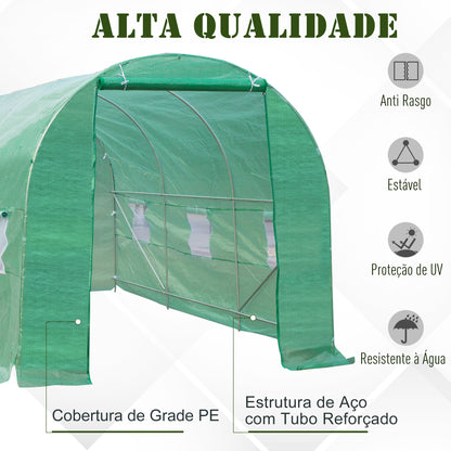 Outsunny Estufa Túnel 445x190x200 cm Estufa de Jardim com 6 Janelas 1 Porta e Cobertura de Polietileno PE 140 g/m² para Cultivo de Plantas Legumes Frutas no Terraço Pátio Verde