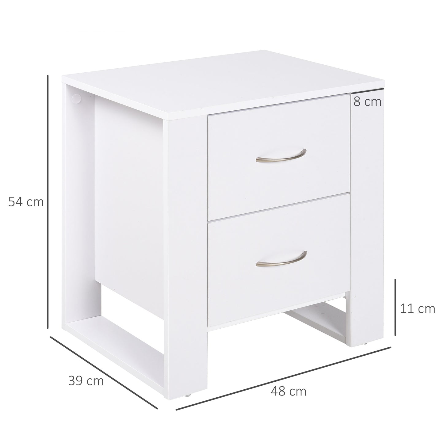 HOMCOM Mesa de Cabeceira com 2 Gavetas Pés e Base Elevada para Dormitório Mesa Lateral para Sala de Estar Estilo Moderno 48x39x54cm Branco