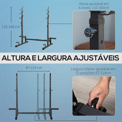 HOMCOM Suporte Multifuncional para Barras de Pesos Flexões Agachamentos Ajustável em Altura e Largura Equipamento Fitness para Academia Casa Aço 123-170x103x111x161cm Preto