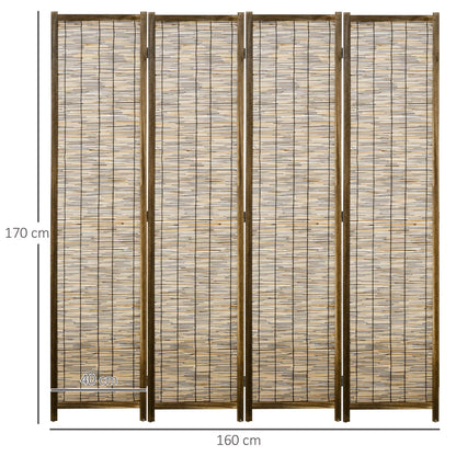 HOMCOM Biombo de 4 Painéis Separador de Ambientes Dobrável 160x1,8x170 cm Divisor de Ambientes de Madeira e Caniço Estilo Rústico para Escritório Dormitório Sala de Estar Madeira