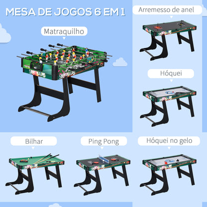 HOMCOM Mesa Multi Jogos para Crianças acima de 7 Anos Mesa de Jogos 6 em 1 Dobrável Bilhar Matraquilho Ping Pong Lançamento de Anéis Hóquei no Gelo e Air Hóquei 118x104x71cm Multicor