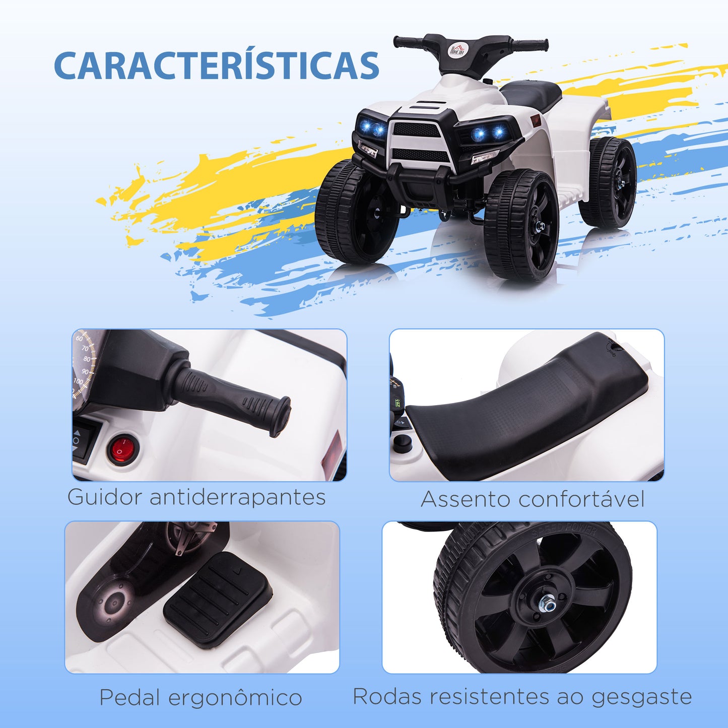 HOMCOM Quadriciclo Elétrico para Crianças a cima de 18 Meses Quadriciclo Infantil a Bateria 6V Faróis Buzina Velocidade -3km/h Avanço e Recuo 65x40x43 cm Branco