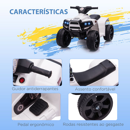 HOMCOM Quadriciclo Elétrico para Crianças a cima de 18 Meses Quadriciclo Infantil a Bateria 6V Faróis Buzina Velocidade -3km/h Avanço e Recuo 65x40x43 cm Branco