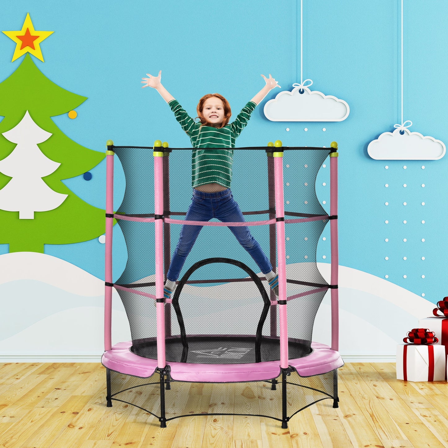 HOMCOM Trampolim para Crianças acima de 3 Anos Cama Elástica Infantil com Rede de Segurança e Estrutura de Aço para Interiores e Exteriores Carga 45kg 140x140x160cm Rosa