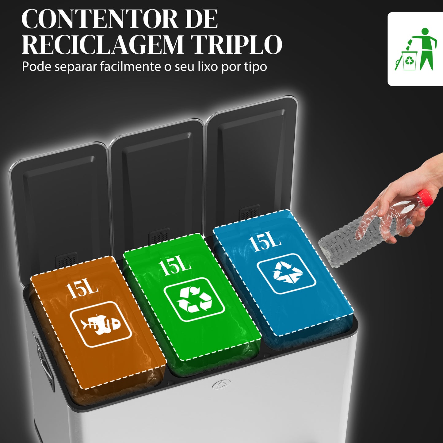 HOMCOM Balde de Lixo de Cozinha com 3 Compartimentos 3x15L Cubo de Lixo de Aço Inoxidável com Pedais Tampas com Fechamento Suave e Cubo Amovível para Escritório Cozinha Prata