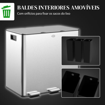 HOMCOM Balde de Lixo de Cozinha com 3 Compartimentos 3x15L Cubo de Lixo de Aço Inoxidável com Pedais Tampas com Fechamento Suave e Cubo Amovível para Escritório Cozinha Prata