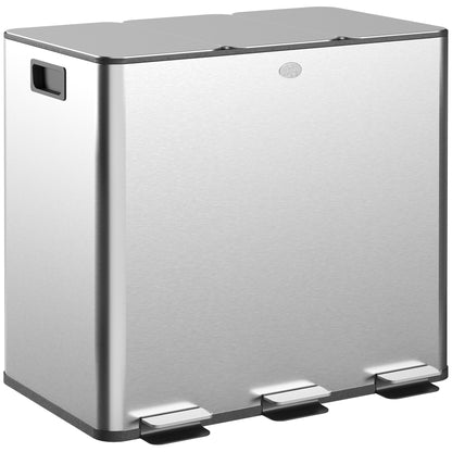 HOMCOM Balde de Lixo de Cozinha com 3 Compartimentos 3x15L Cubo de Lixo de Aço Inoxidável com Pedais Tampas com Fechamento Suave e Cubo Amovível para Escritório Cozinha Prata