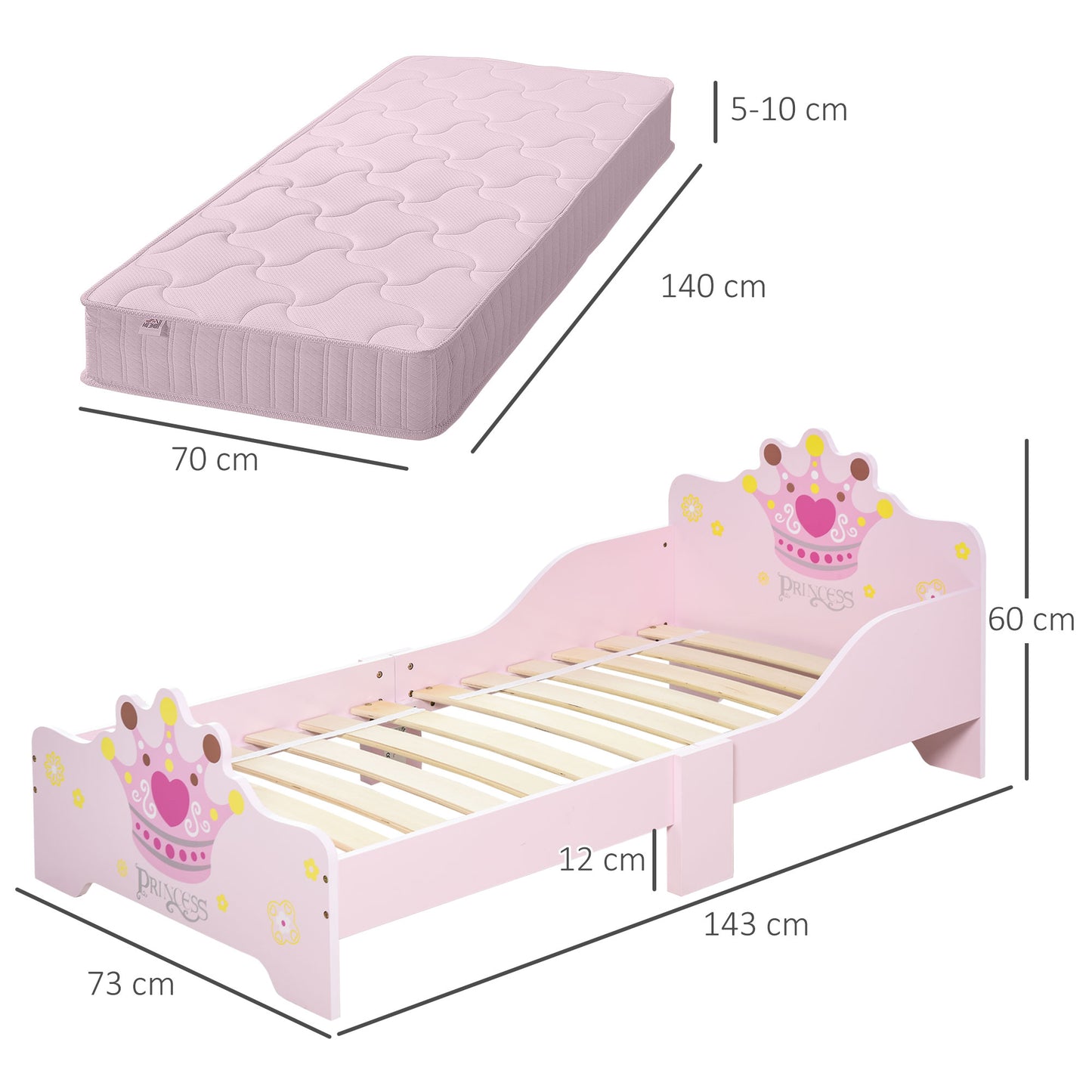 HOMCOM Cama de Criança +3 anos 143x73x60 cm Cama de Criança em Madeira com Estampado de Coroa Carga 50 kg para Quarto Rosa