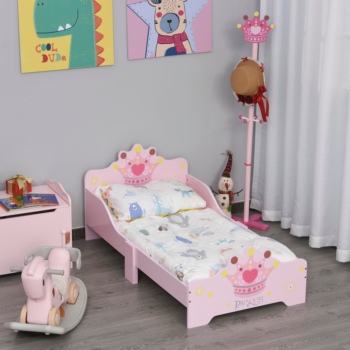 HOMCOM Cama de Criança +3 anos 143x73x60 cm Cama de Criança em Madeira com Estampado de Coroa Carga 50 kg para Quarto Rosa