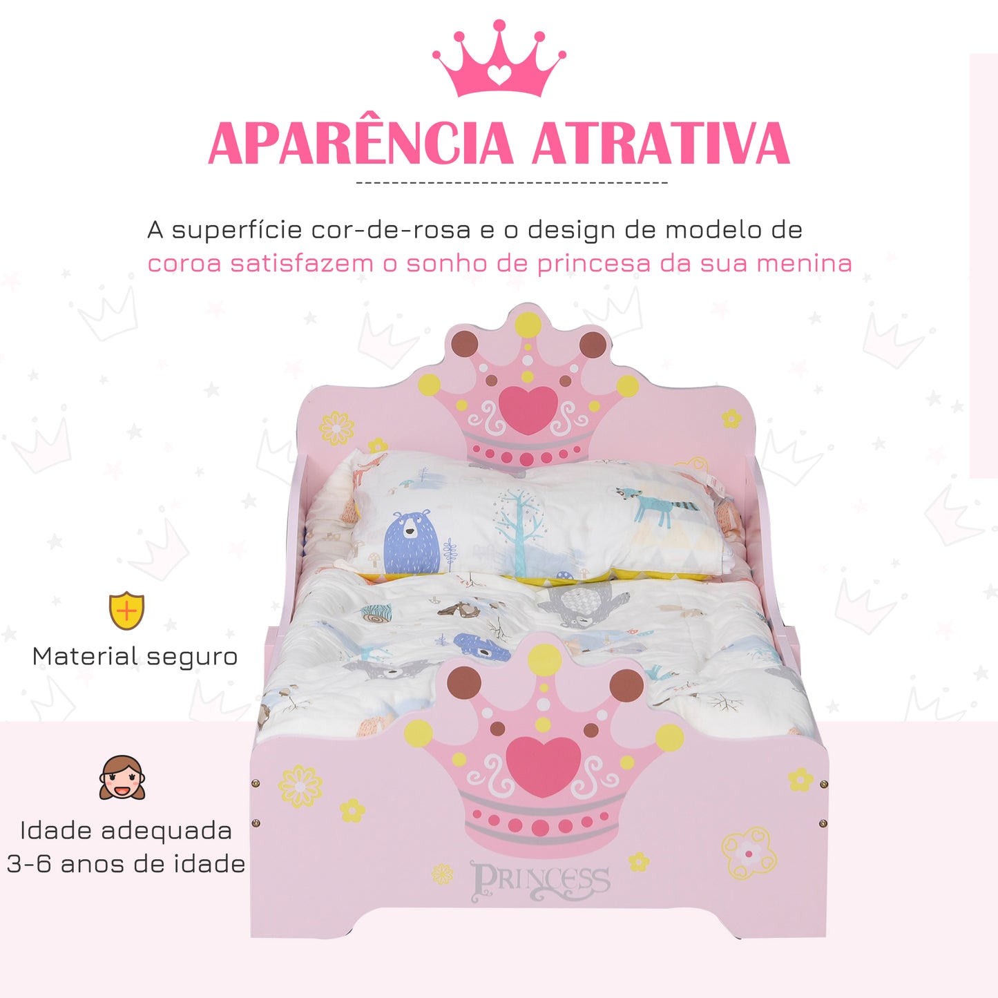 HOMCOM Cama de Criança +3 anos 143x73x60 cm Cama de Criança em Madeira com Estampado de Coroa Carga 50 kg para Quarto Rosa