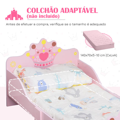 HOMCOM Cama de Criança +3 anos 143x73x60 cm Cama de Criança em Madeira com Estampado de Coroa Carga 50 kg para Quarto Rosa