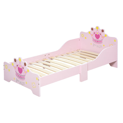 HOMCOM Cama de Criança +3 anos 143x73x60 cm Cama de Criança em Madeira com Estampado de Coroa Carga 50 kg para Quarto Rosa