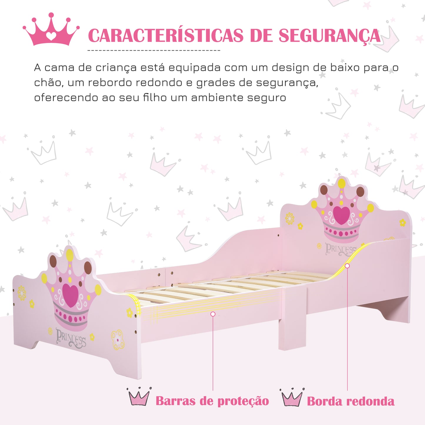 HOMCOM Cama de Criança +3 anos 143x73x60 cm Cama de Criança em Madeira com Estampado de Coroa Carga 50 kg para Quarto Rosa