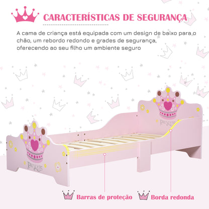 HOMCOM Cama de Criança +3 anos 143x73x60 cm Cama de Criança em Madeira com Estampado de Coroa Carga 50 kg para Quarto Rosa